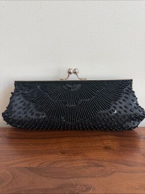 Moni Couture Black Beaded Satin Kiss-Lock Evening Clutch with Silver Chain Strap
